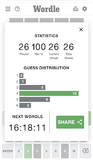 Screenshot of my Wordle stats showing a normal distribution with most words taking me four guesses to get.