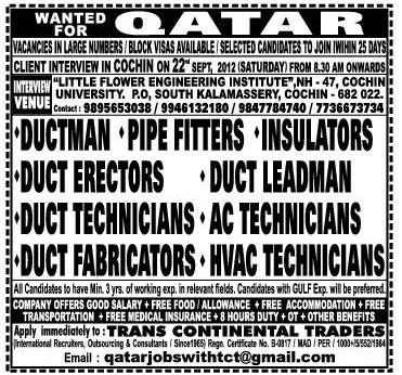 AC Technicians Duct Technicians for Qatar