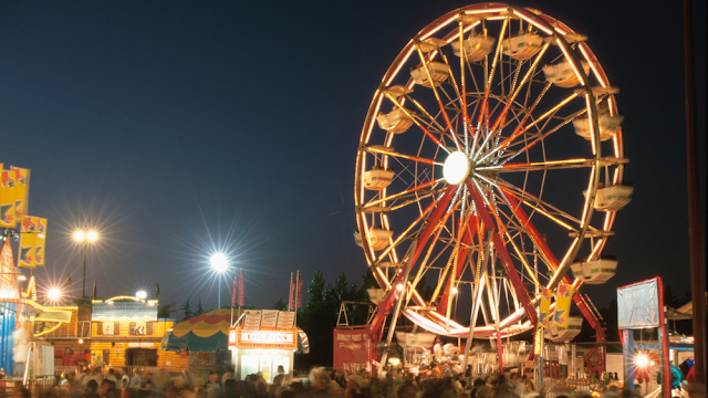 crowds moving beneath a lit ferris wheel at night