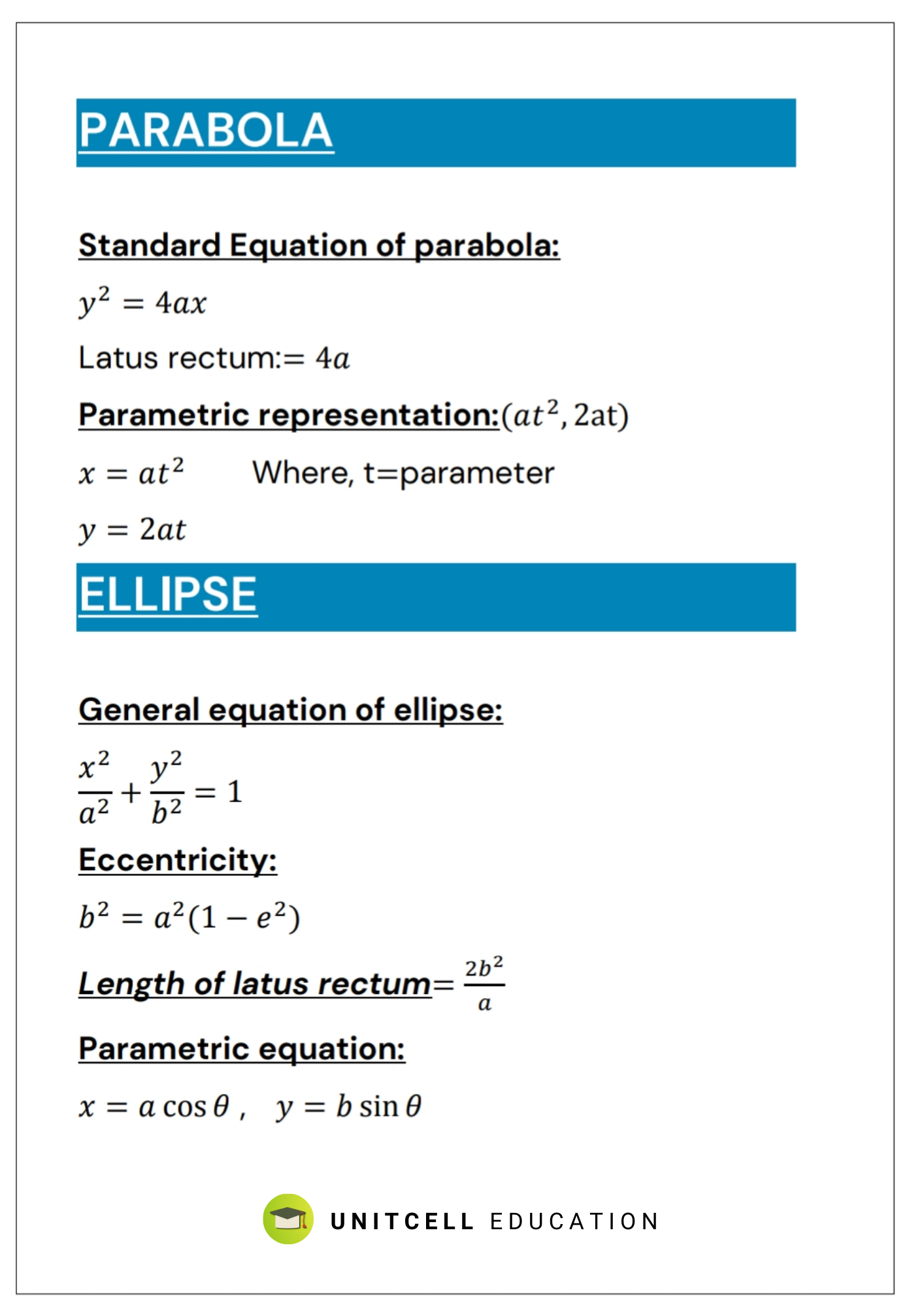 Parabola & ellipse formulas