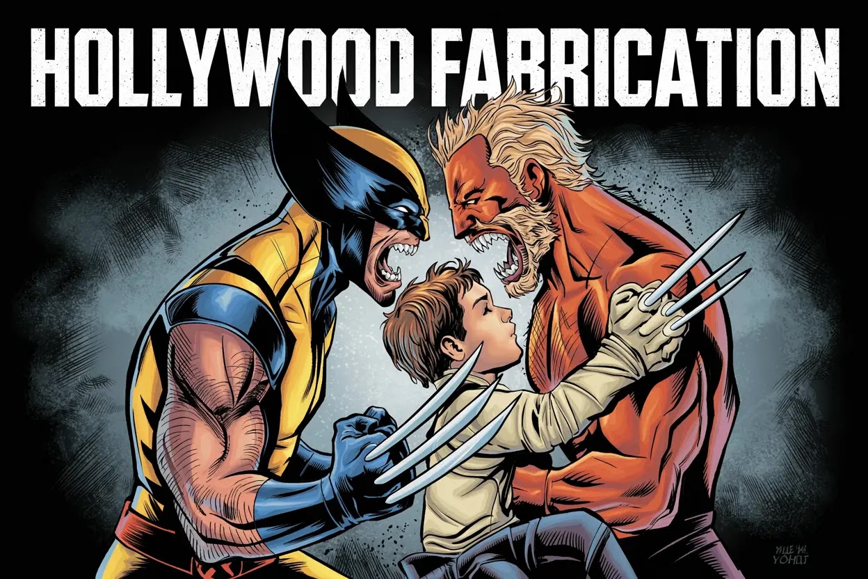 Wolverine and Sabretooth with "HOLLYWOOD FABRICATION" text