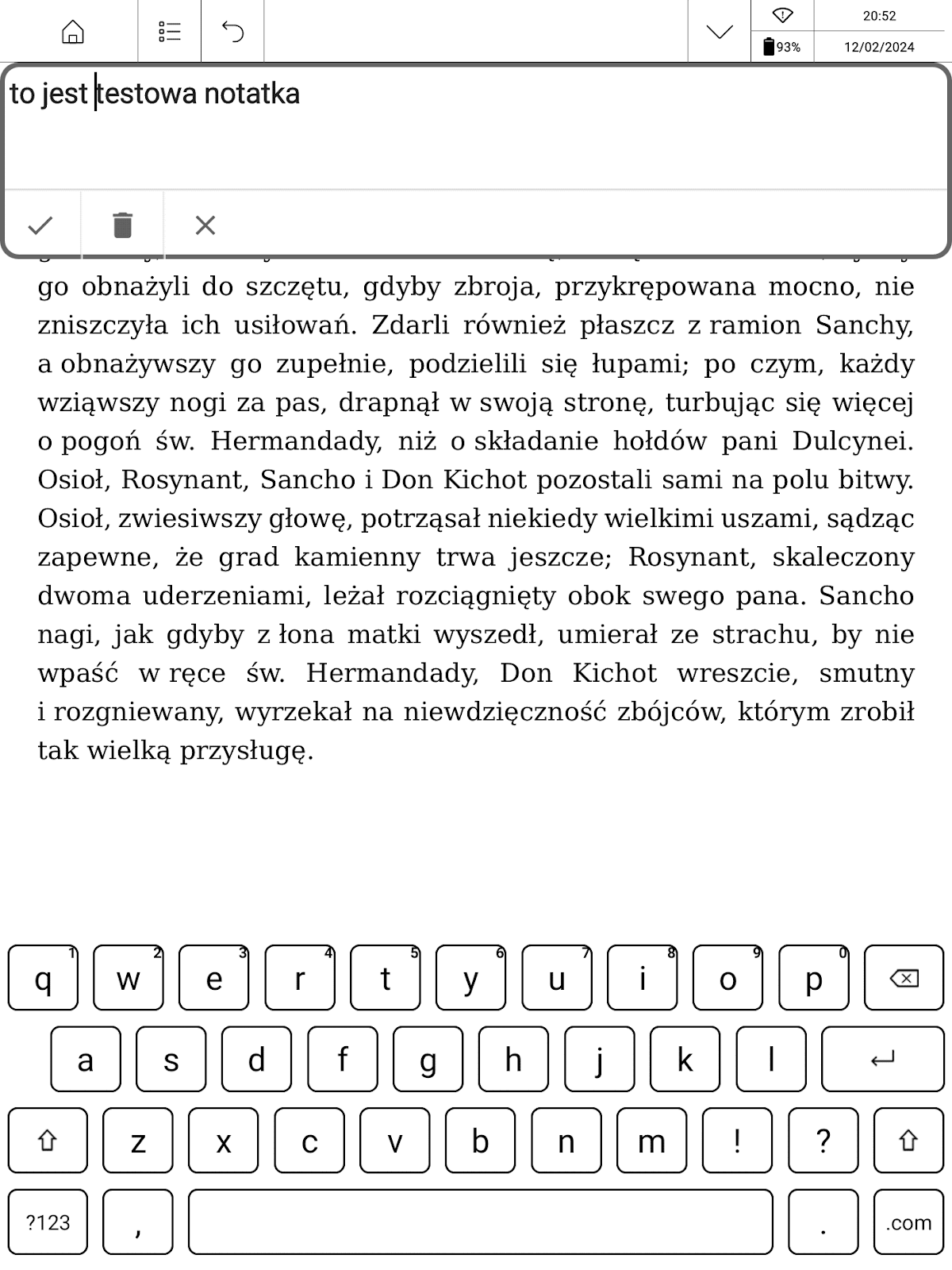 Dodawanie notatki tekstowej do zaznaczenia w aplikacji PocketBook Reader na PocketBook InkPad X Pro