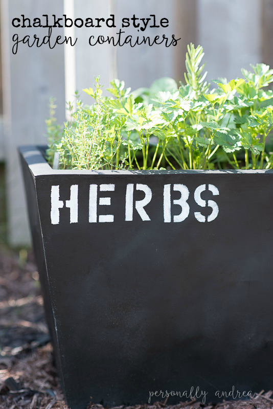 Chalkboard Style Garden Containers With some paint and some alphabet stencils you can give your garden containers this fun industrial look and add character to your garden space | personallyandrea.com