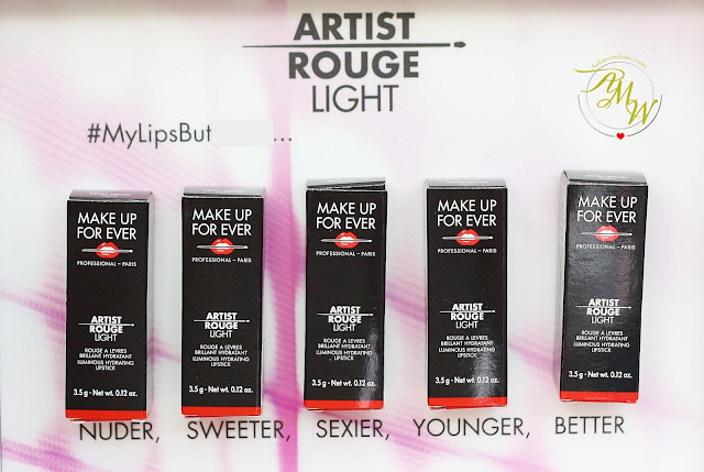 a photo of Make Up For Ever Artist Rouge Light Review in shades L103 Chestnut, L202 Soft Pink, L301 Apricot, L400 Red and L500 Deep Purple.