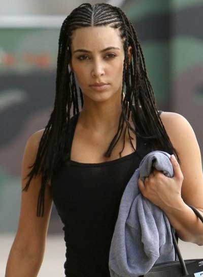 Kim Kardashian Long Black Funky Hairstyle with Braids and Twists