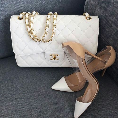 Channel white bag with heel shoes 