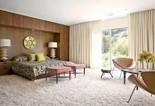 feminine beige curtain drapes sliding glass door plus fluffy area rug and swan chairs for spacious bedroom ideas