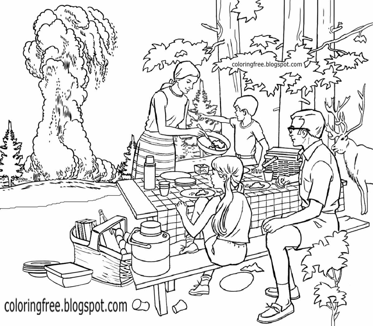 5TH Grade Yellowstone scene picnic coloring pages big American park kids drawing old faithful geyser