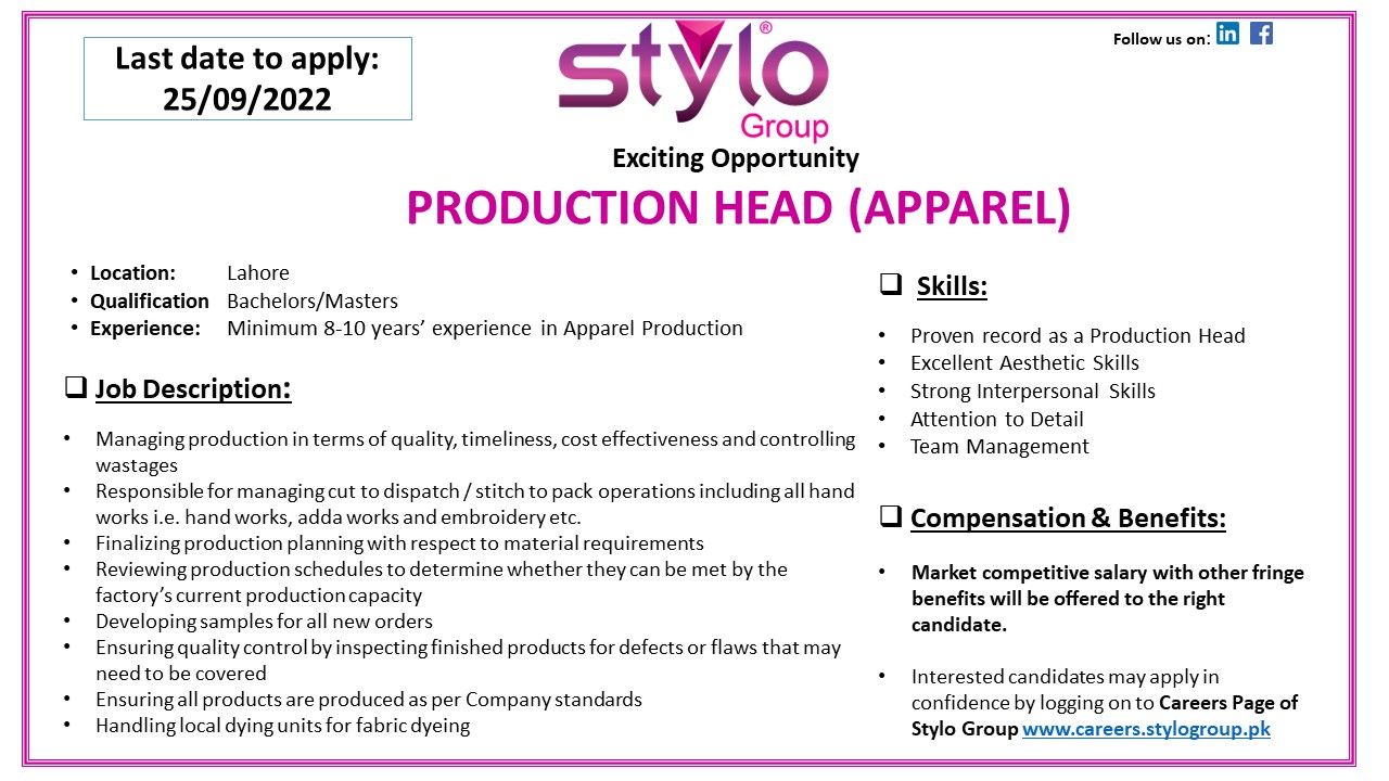 Stylo Pvt Ltd Jobs For Production Head (Apparel)