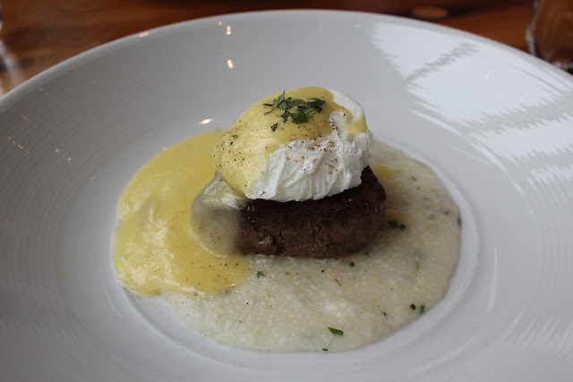 Poached farm egg with beef tournedo at Catalyst, Cambridge, Mass.