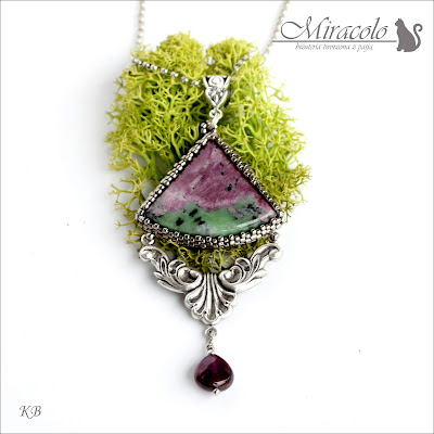 Miracolo, zoisyt, rubin, anyolit, granat , wisiorek z grantem, zoisyt and ruby pendant, anyolite pendant