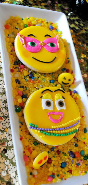 Emoji Mardi Gras cookies by Creating Awesomenessity at a party styled by Fizzy Party 