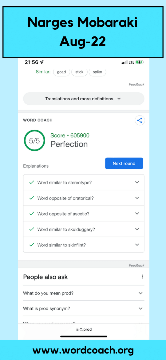 Narges Mobaraki (31 year old girl from Iran) has achieved an impressive score of 605,900 in Google Word Coach