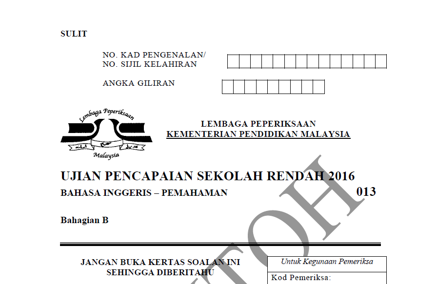 Contoh LENGKAP Soalan UPSR 2016 BI Kertas 1 Pemahaman Bah 