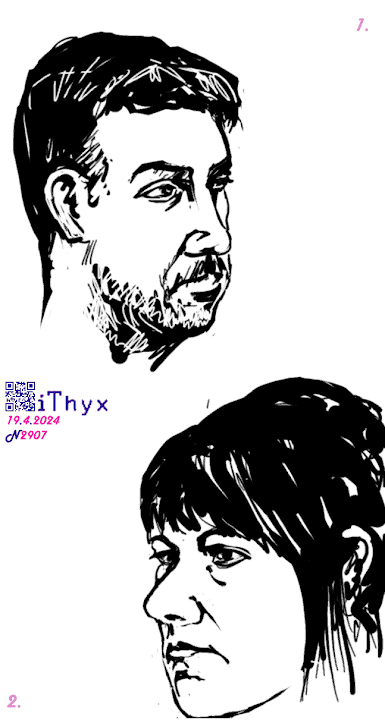 Два портрета тёмноволосых людей: 1. Мужчина с легкой небритостью; 2. Женщина с заколотыми сзади волосами. Автор рисунка: художник #iThyx
