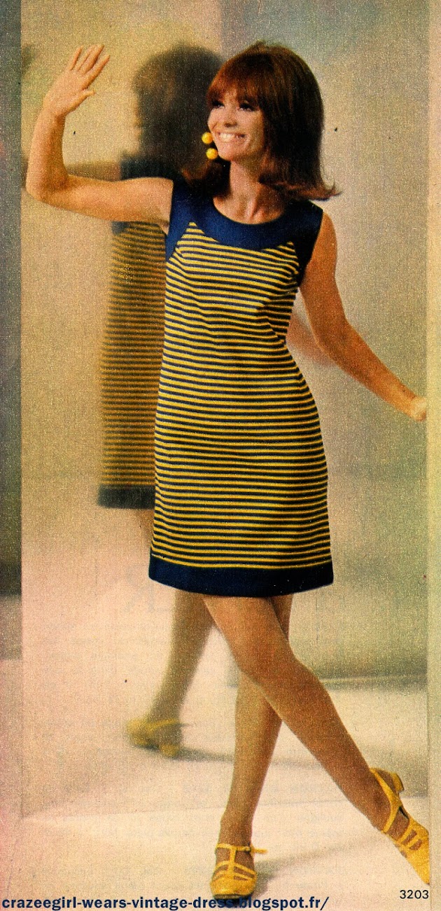 vintage 60s 1960 années 60 1967 mod twiggy gogo dress robe rayée rayure stripes striped jaune bleu marine blanc lilas navy blue yellow white lilac sleeveless shor sleeves geometric colorblock color block Robe-étui en coton rayé marine et jaune : bande d'encolure,    bords   d'emmanchure    et   de   jupe   en   marine,   petit décolleté  arrondi. Robe-étui en coton rayé jaune et parme ; manches courtes, empiècement d'épaule et bord de jupe en uni. encolure ras de cou .Deux-pièces  à   réaliser en jersey : jupe évasée à   rayures   marine,   jaune   et   blanc,   ceinture   coulissée   et   nouée. Corsage  ras  de  cou  de  ton  uni,   petites manches montées.Robe en jersey à corsage jaune et jupe marine évasée : elle est animée d'incrustations rayées formant des motifs géométriques. Manches écourtées avec rappel des rayures.  