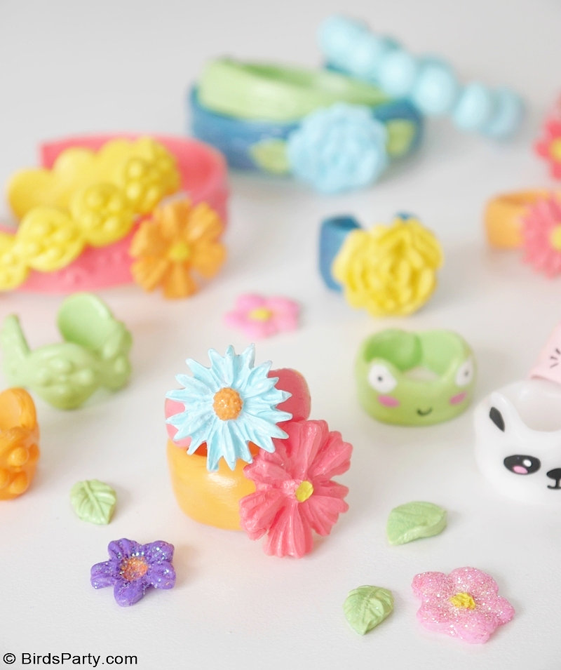 DIY Chunky Rings and Plastic Jewelry with Moldable Plastic  - craft fun and durable spring flowers and animals with your kids using thermoplastics! by BirdsParty @BirddParty #diy #jewelry #thermoplastic #chunkyrings #kidscrafts #diycrafts #plasticjewelry #diyjelwery #diyrings #animalrings #moldableplastic