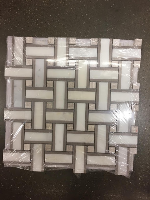 gray and white basketweave tile