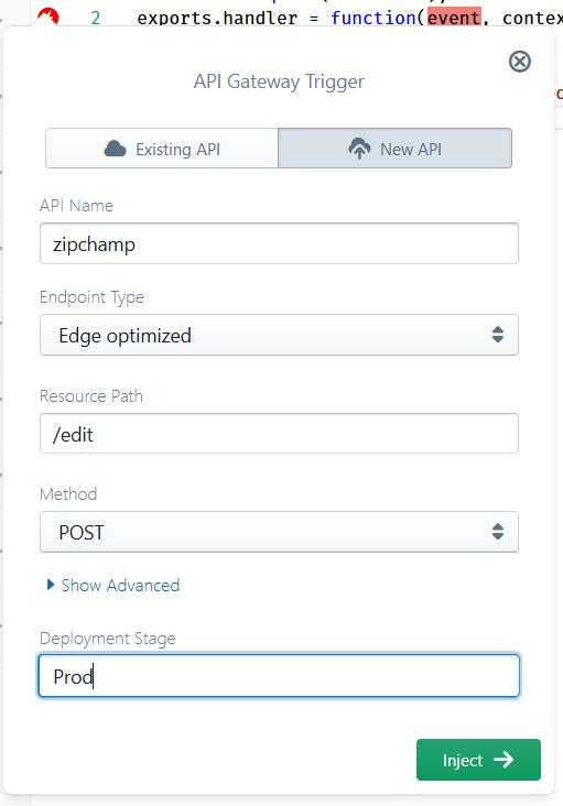 API Gateway pop-up configuration