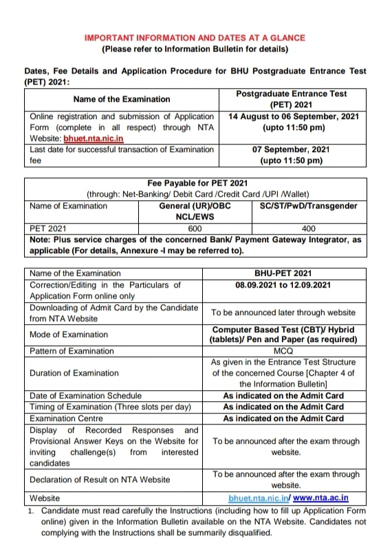 Bhu pet entrance exam PG exam bhu