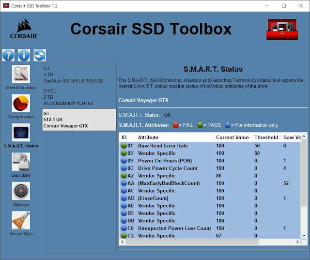 Oprogramowanie Corsair SSD Toolbox zakładka S.M.A.R.T Status