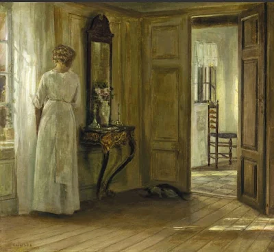 Interior with a Lady and a Cat painting Carl Vilhelm Holsoe