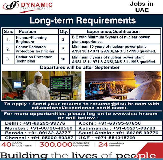 Planner, Planning Engineer, Radiation Protection Technician Vacancies in UAE. Dynamic Staffing Services is hiring