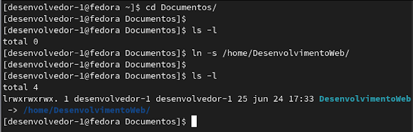 Entrando na pasta Documentos do utilizador desenvolvedor-1 para criar um link simbólico