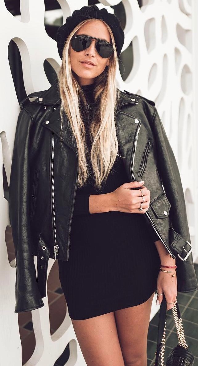 black inspiration: hat +biker jacket + dress + bag