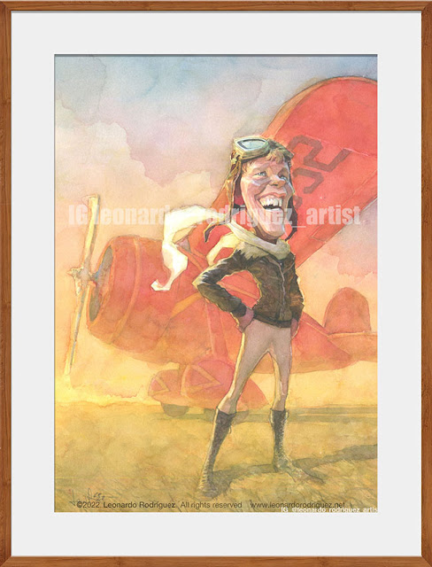 Inspiring caricature of Amelia Earthart with his red airplane on the background