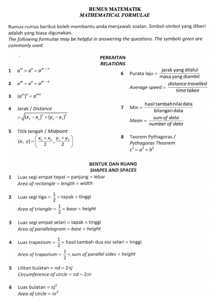 Formula dan rumus Matematik PT3  pengetahuan am
