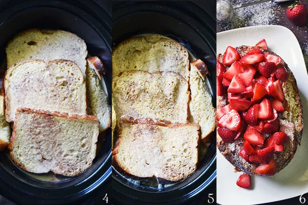 Step by step photos how to assemble stuffed french toast in slow cooker
