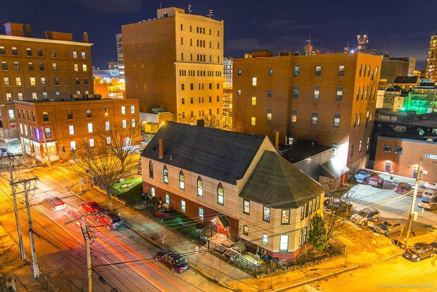 Youth and Family Outreach Building at night corner of Cumberland Avenue and Preble Street in Portland, Maine December 2014 photo by Corey Templeton