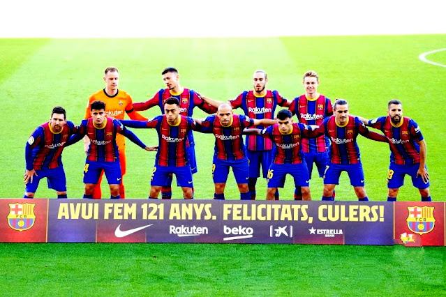 F. C. BARCELONA. Temporada 2020-21. Ter Stegen, Lenglet, Mingueza, Frenkie De Jong. Messi, Coutinho, Dest, Braithwaite, Pedri, Griezmann y Jordi Alba. F C. BARCELONA 4 C. A. OSASUNA DE PAMPLONA 0. 29/11/2020. Campeonato de Liga De 1ª División, jornada 11. Barcelona, Nou Camp. GOLES: 1-0: 29’, Braithwaite. 2-0: 42’, Griezmann. 3-0: 56, Coutinho. 4-0: 72’, Messi.