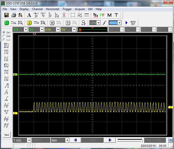 The channel #1 has the signal (a sine wave) catched by the coil before any amplification. The channel #2 shows the signal after amplification. Also, the amplifier modify the signal to a square wave.