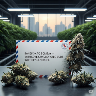 Overhead view of an envelope addressed 'Bangkok to Bombay' surrounded by hydroponic cannabis buds, hinting at a significant, valuable shipment.
