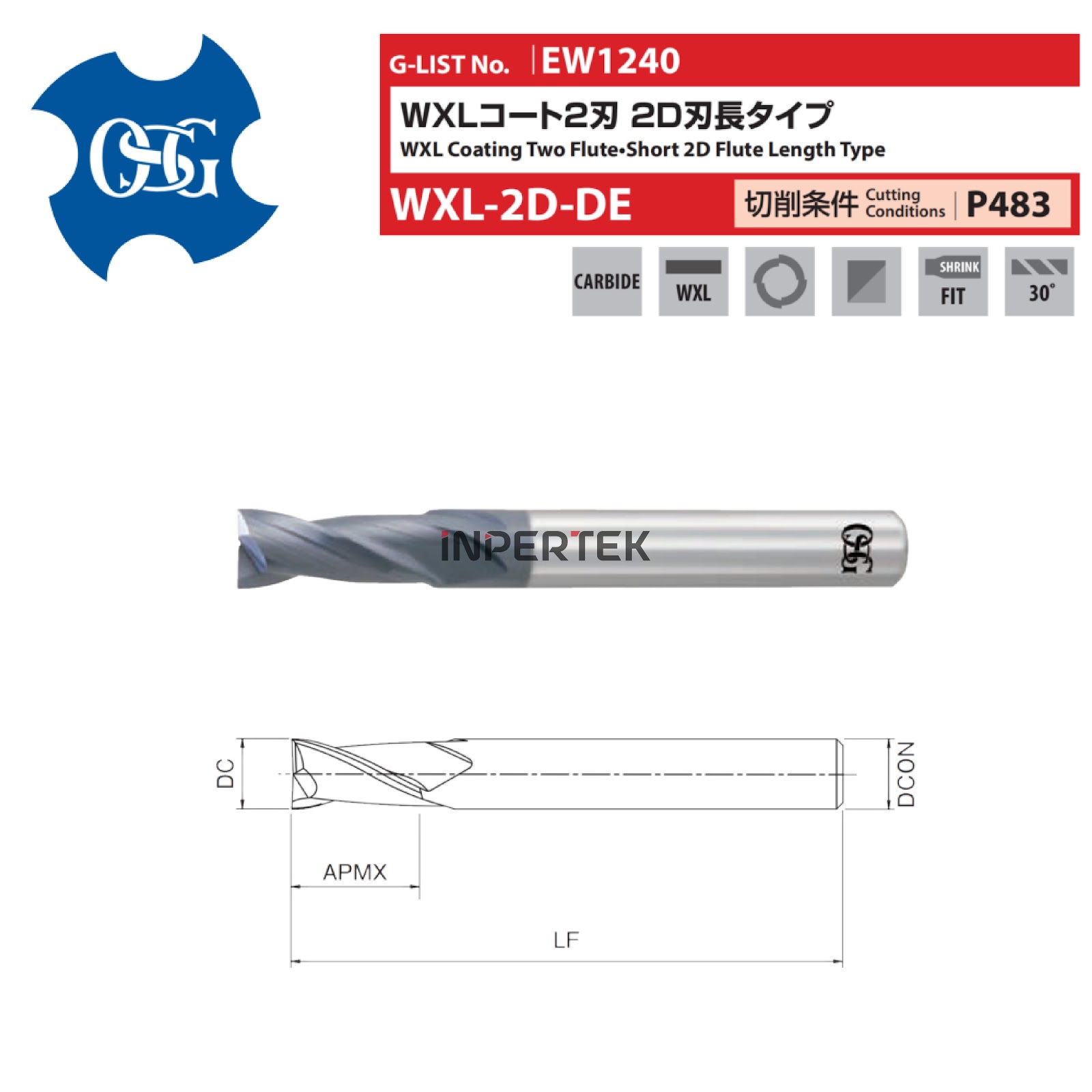 Endmill Carbide OSG 2F WXL-2D-DE / WXL-4D-DE HRC45 Radius Corner Milling End Mill Pahat Cutter Long Neck Standar NACHI YG-1 JJ TOOLS ZCC CT