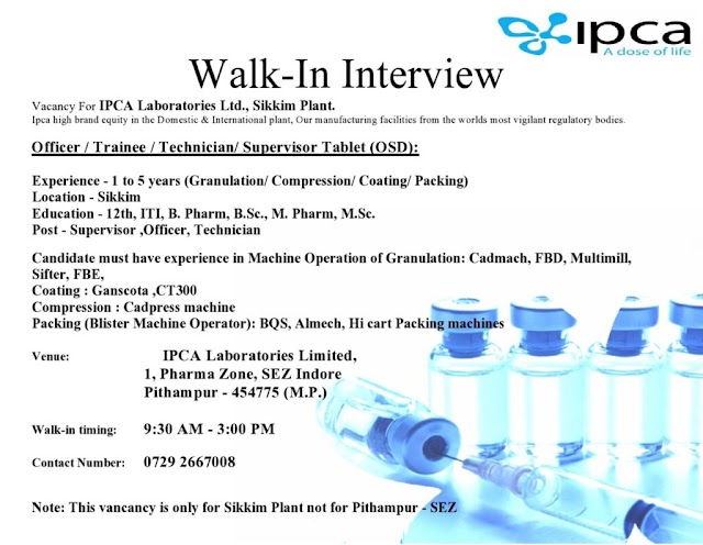 IPCA Labs | Walk-in for Multiple positions in Tablet Manufacturing on 3rd Jan 2021