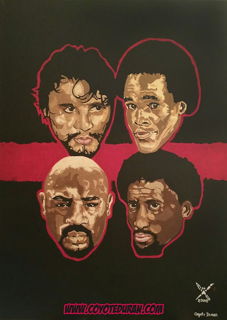 The Four Kings of Boxing (Clockwise): Roberto Duran, Sugar Ray Leonard, Thomas Hearns and Marvelous Marvin Hagler, 18" X 24", Acrylic paint on stretched canvas. Art by Coyote Duran.