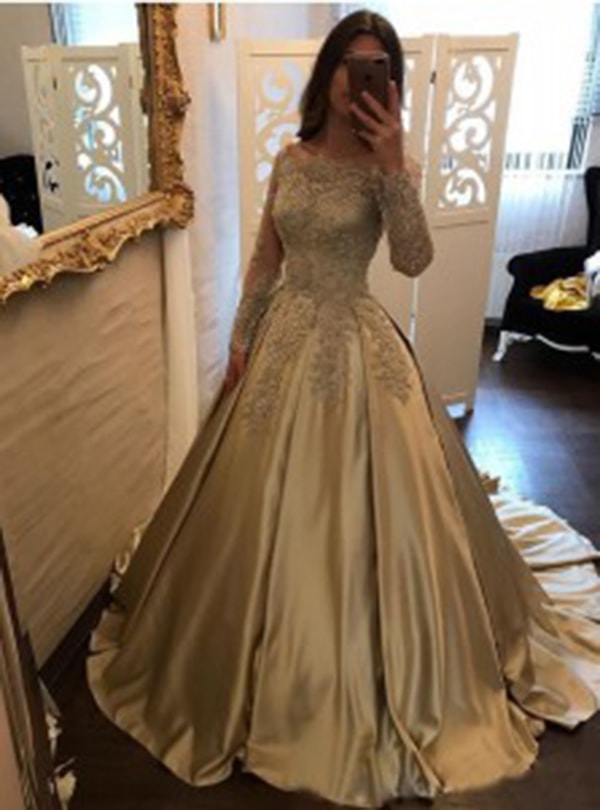 Ball Gown Off-the-Shoulder Champagne Satin Prom Dress with Lace Sleeves