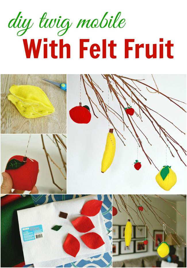 Diy Rustic Branch & Felt Fruit Mobile - simple and inexpensive project to add a touch of whimsy to your home #crafts #felt #diy #decor