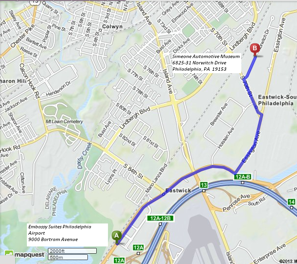 map showing Embassy Suites Philadelphia Airport is 2.6 miles / 5 minutes from Simeone Foundation Automotive Museum
