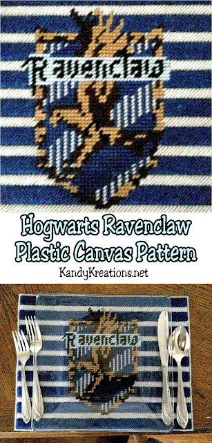 Show your Hogwarts house love with this printable Ravenclaw house logo plastic canvas pattern.  You can use it as a place mat, a pennant banner, or in any way you need for your Harry Potter party.  Plus, you can find the other Hogwarts house logos for plastic canvas patterns here.