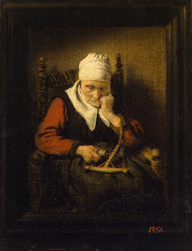 Old Woman Spinning by Nicolaes Maes - Genre Paintings from Hermitage Museum