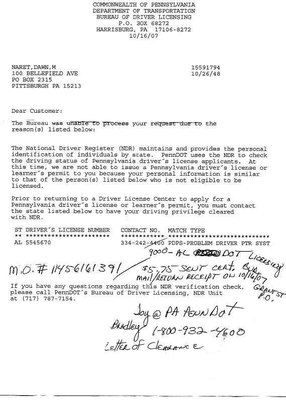 PENN-DOT SHAMEFUL INJUSTICE: FIRST LETTER REFUSING TO RENEW PA LICENSE