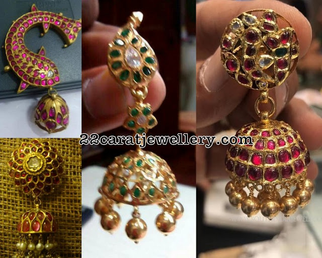 Kundan Ruby Jhumkas with Pearl Drops