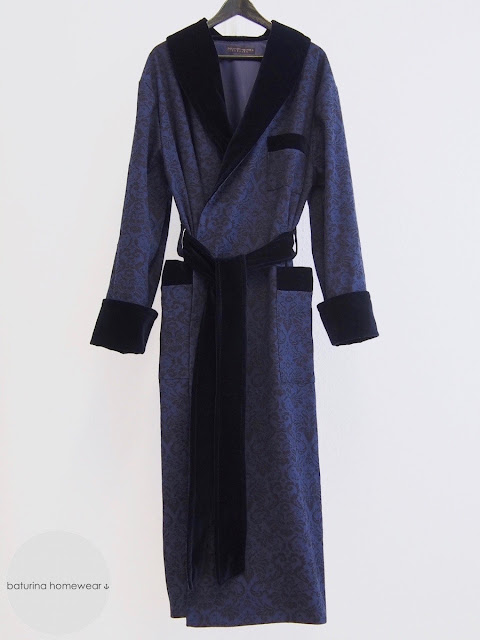 dark navy blue mens paisley dressing gown long robe victorian style dandy luxury smoking jacket warm heavy velvet shawl collar