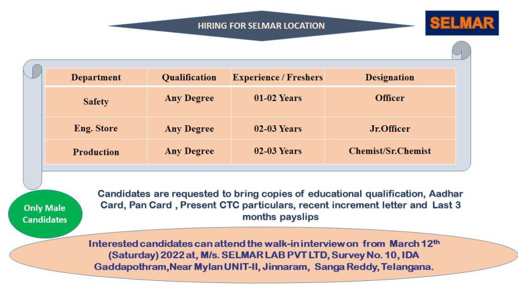 Job Availables,Selmar Lab Private Limited Walk-In-Interview For Any Degree/ BSc/ PG Diploma in Safety