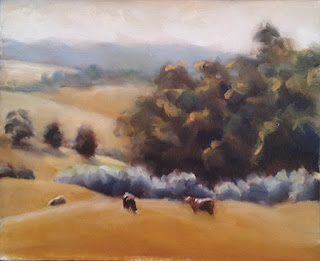 Oil painting of a landscape with rolling hills and trees, with three cows in the foreground.