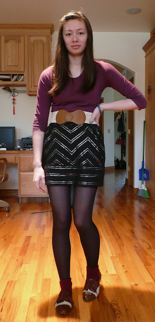 outfit girl brunette maroon shirt gold navy skirt high waisted brown cream belt black sheer tights red knee socks oxfords